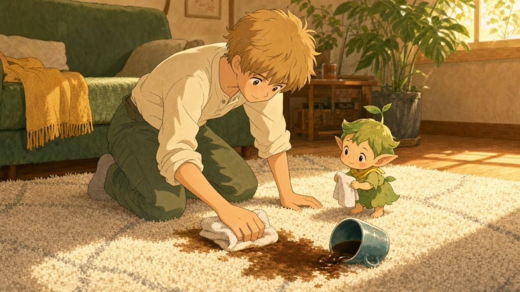 Cozy anime illustration of cleaning a coffee stain from carpet
