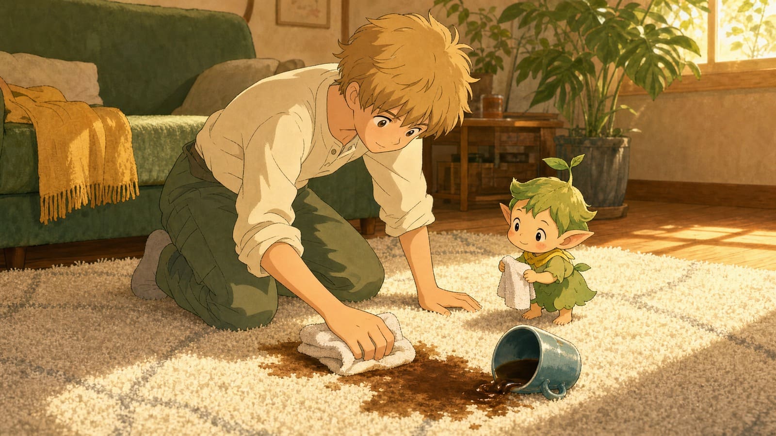 Cozy anime illustration of cleaning a coffee stain from carpet