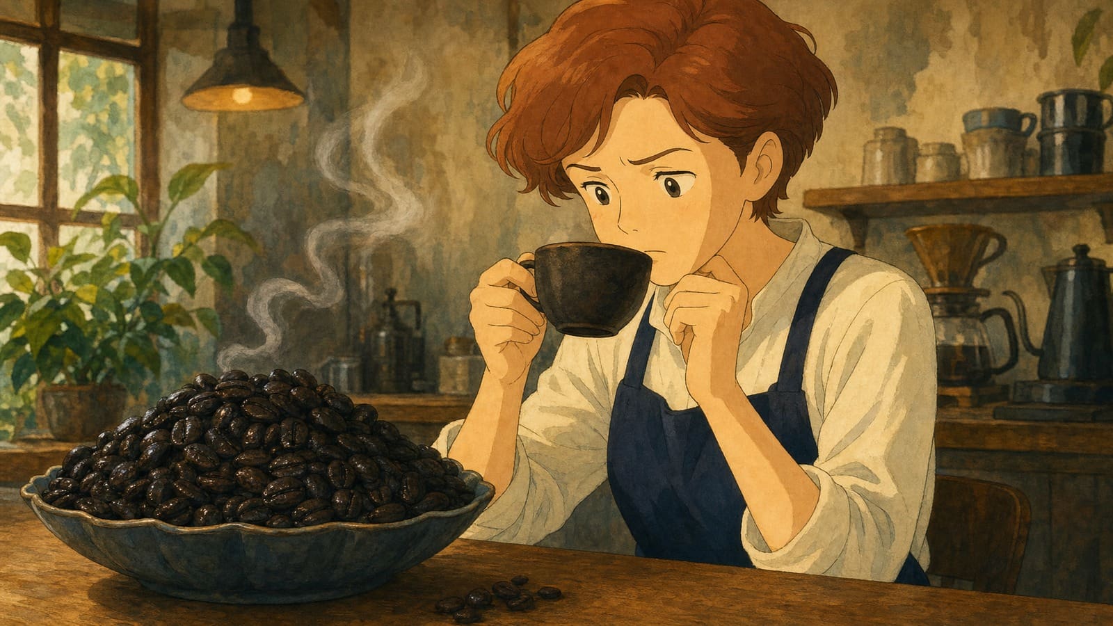 Cozy anime illustration of dark roasted coffee tasting smoky