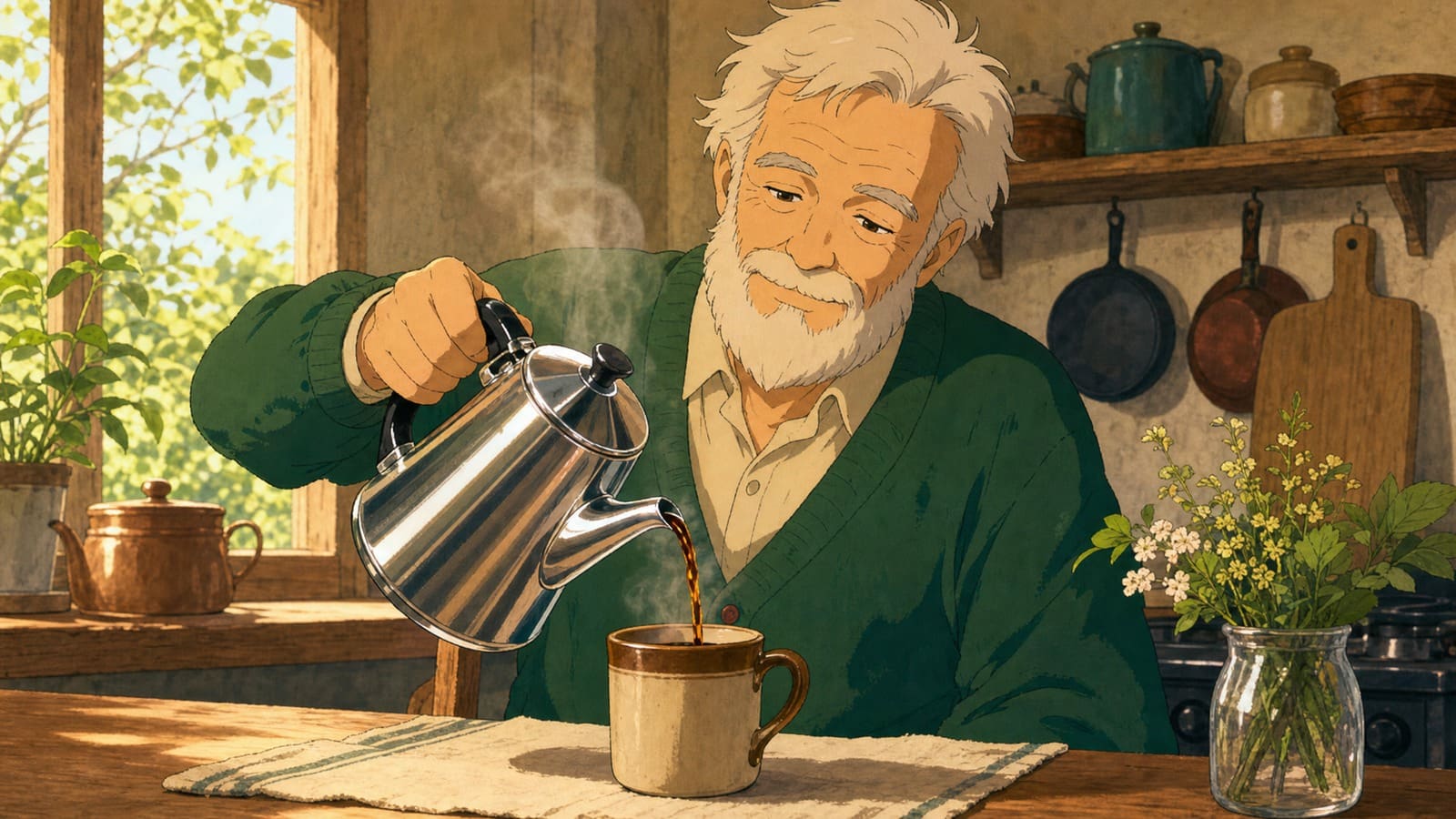Cozy anime illustration of a classic percolator coffee maker