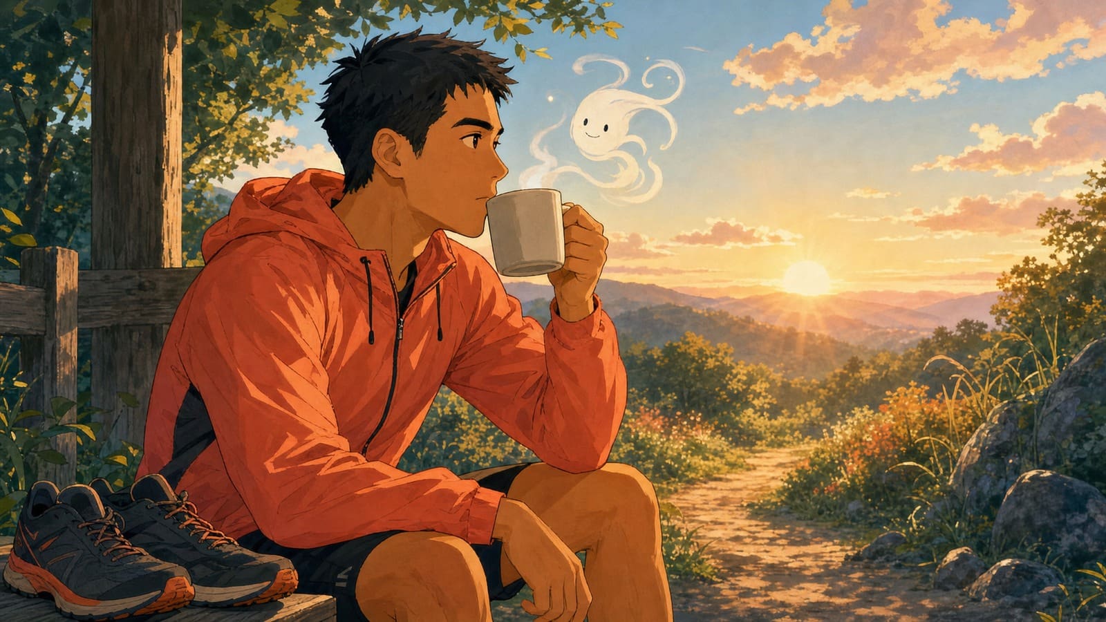 Cozy anime illustration of coffee before endurance exercise