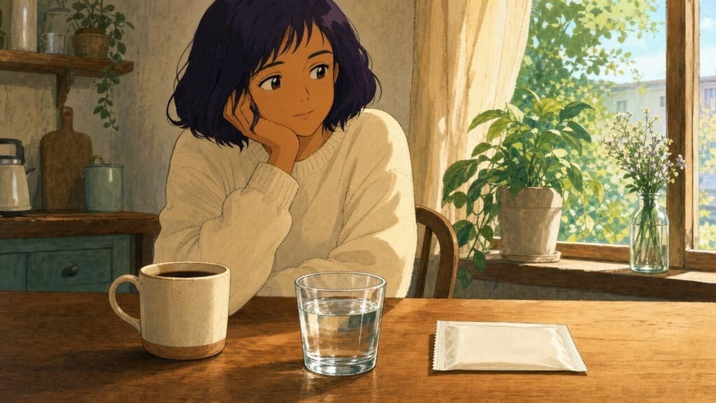 Cozy anime illustration of coffee, water, and a blank medicine packet