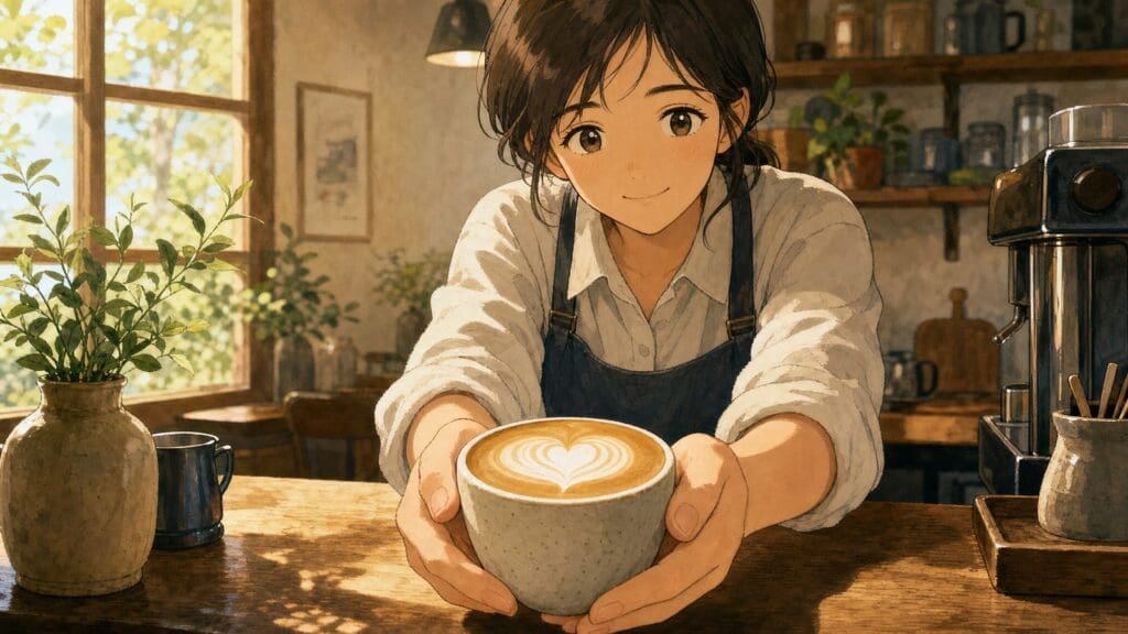 Cozy anime illustration of a barista serving a flat white with smooth microfoam