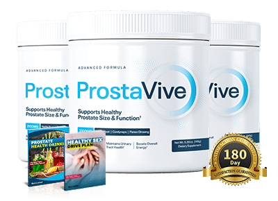 ProstaVive prostate health supplement — three tubs with bonus guides