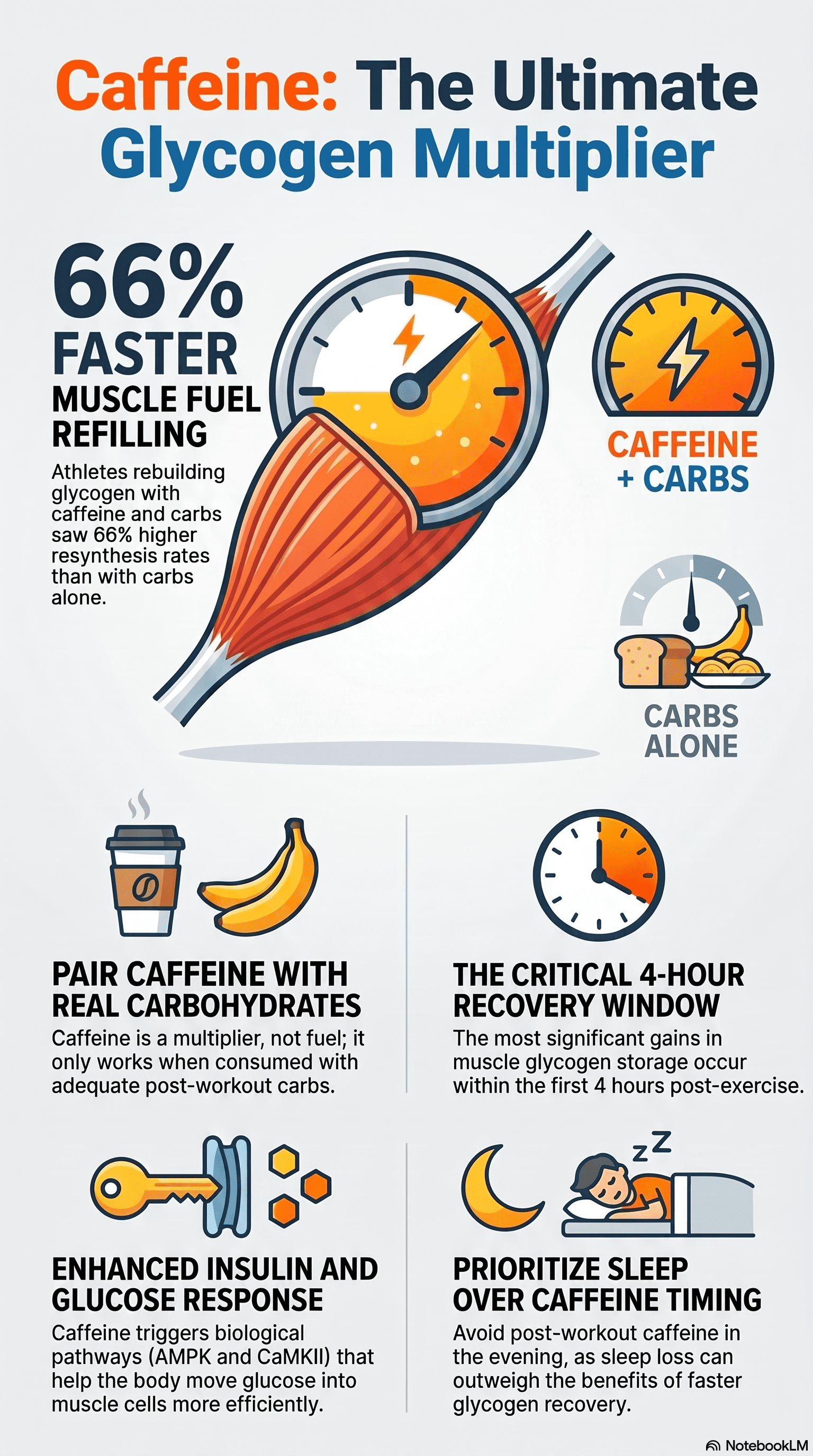 Infographic: caffeine as a glycogen multiplier, showing how coffee with carbohydrates boosts post-exercise muscle glycogen recovery