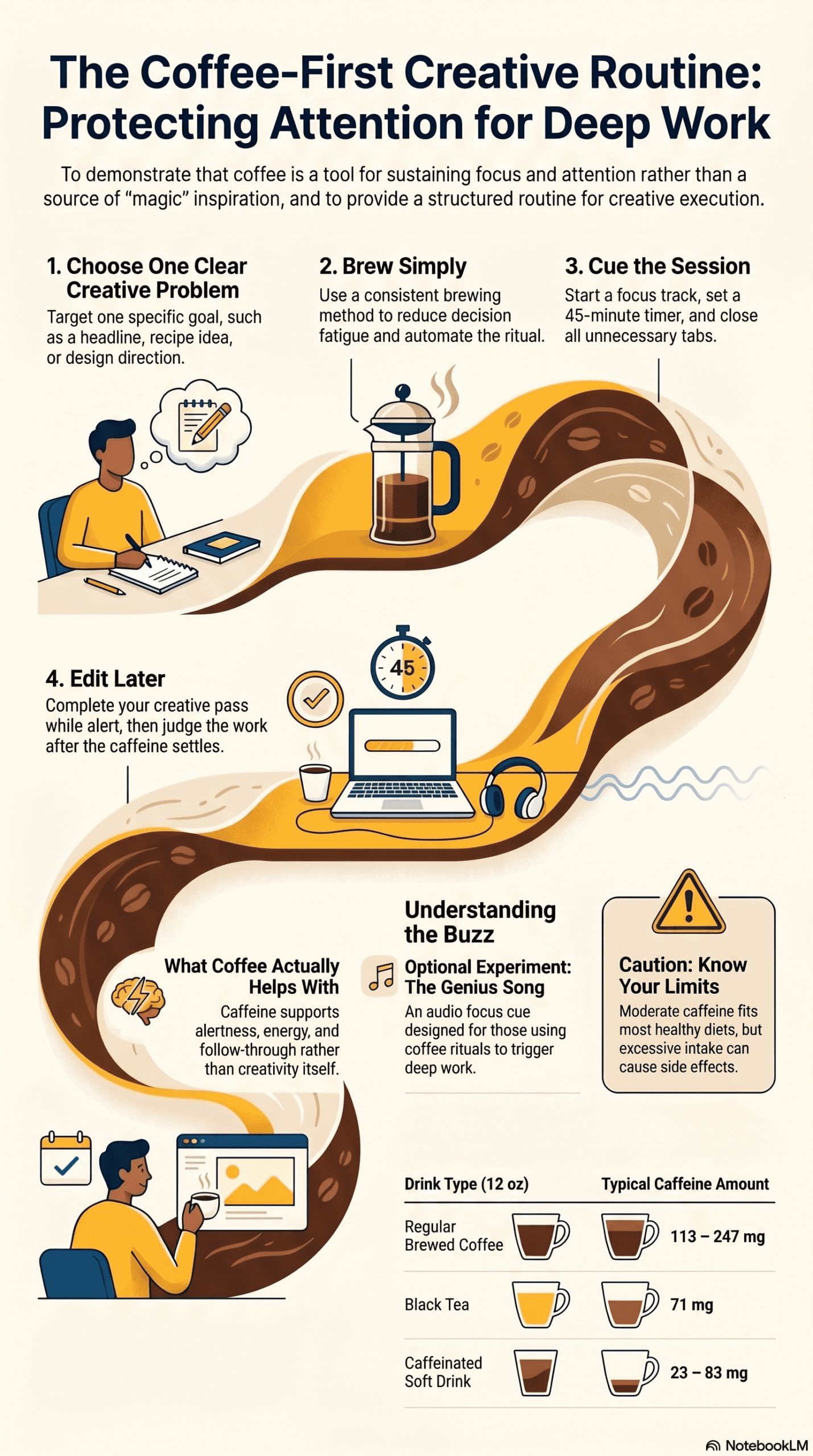Infographic of the coffee-first creative routine: choose one clear problem, brew simply, cue a 45-minute session, then edit later, with notes on what coffee helps and typical caffeine amounts.