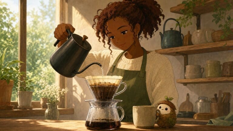 Anime-style coffee brewing guide scene with pour-over coffee