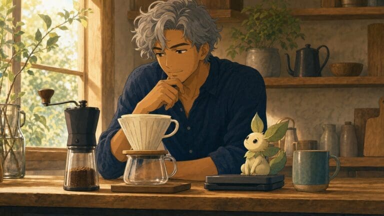 Anime-style coffee gear guide scene with grinder and brewer
