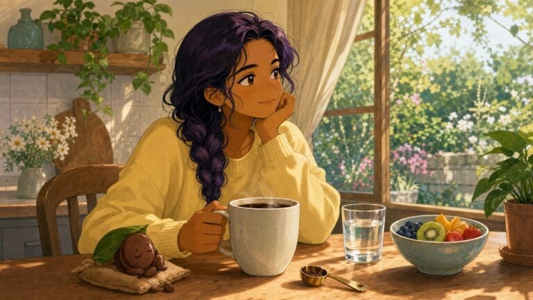 Anime-style coffee health and caffeine guide scene