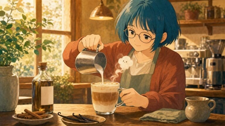Anime-style coffee recipe scene with a cozy latte drink