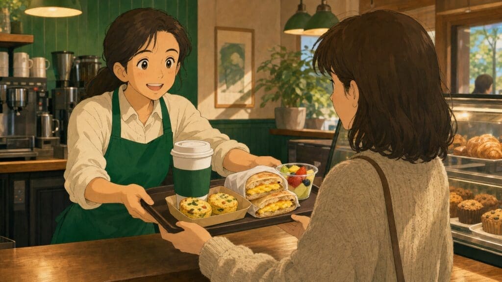 Cozy anime illustration of a green-accented coffee shop breakfast order with coffee, egg bites, and a breakfast sandwich