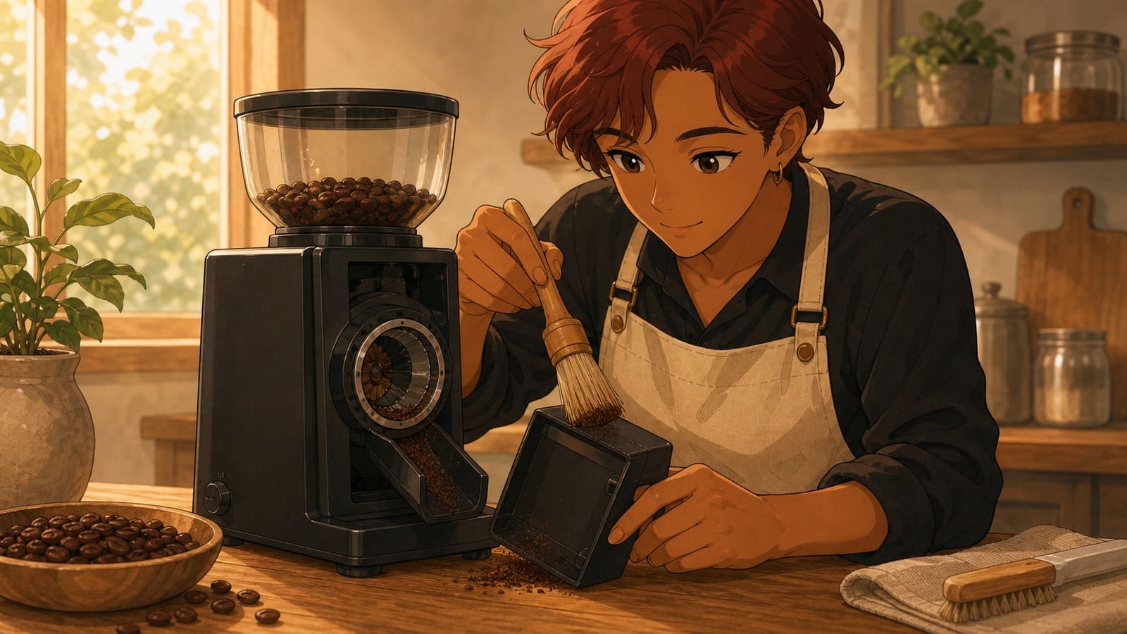 Anime-style illustration of a burr coffee grinder being cleaned with a small brush