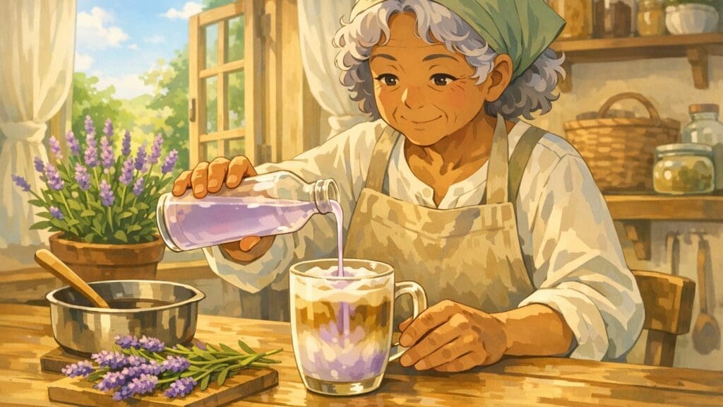 Cozy anime illustration of homemade lavender syrup being poured into coffee
