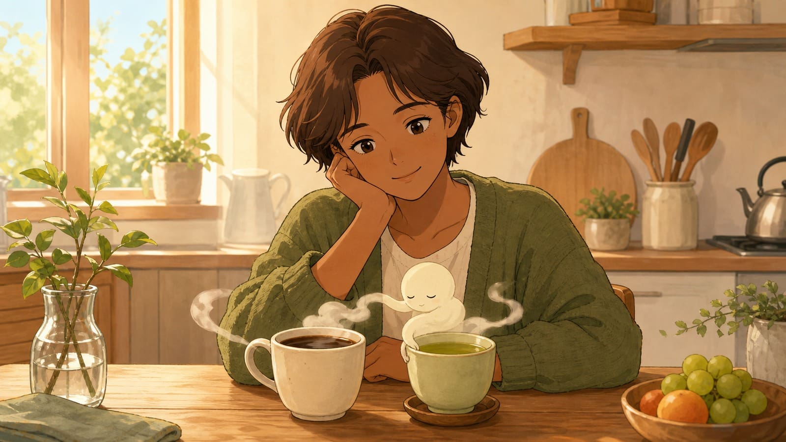 Illustration of coffee and tea cups on a warm morning table for a weight loss habit article
