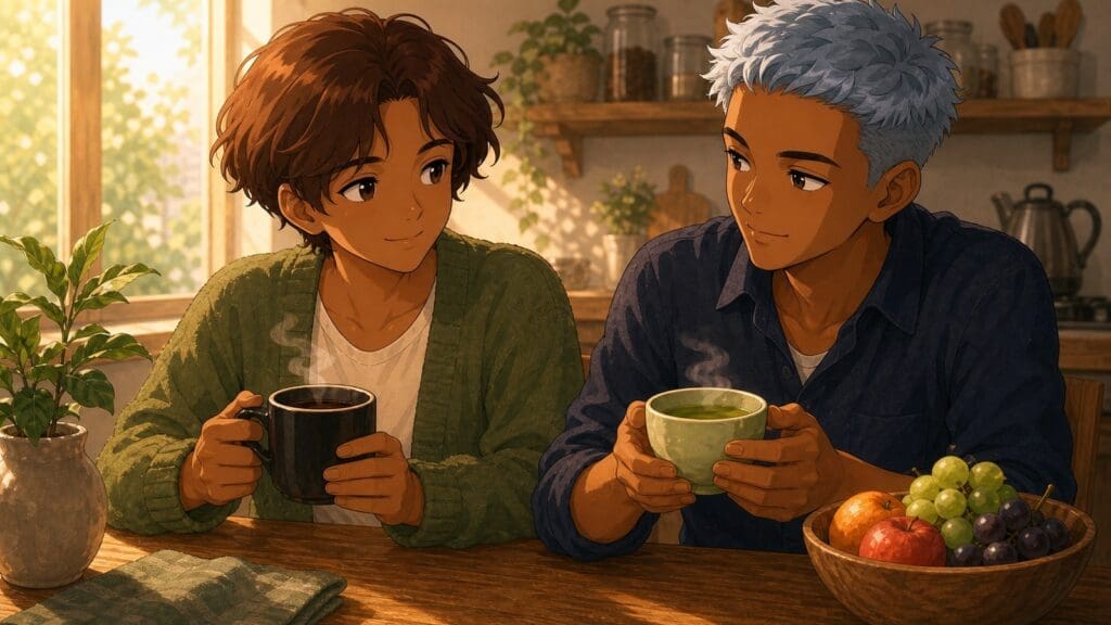 Cozy anime illustration comparing tea and coffee for a morning wellness routine