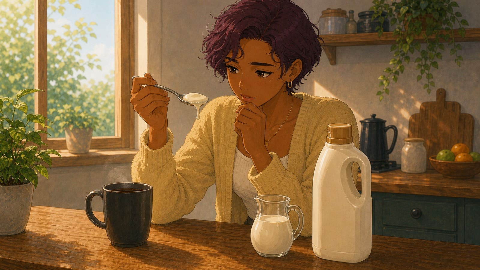 Cozy anime illustration of thick coffee creamer being checked beside a mug