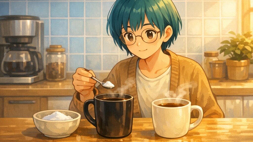 Cozy anime illustration of baking soda being added to coffee to reduce bitterness