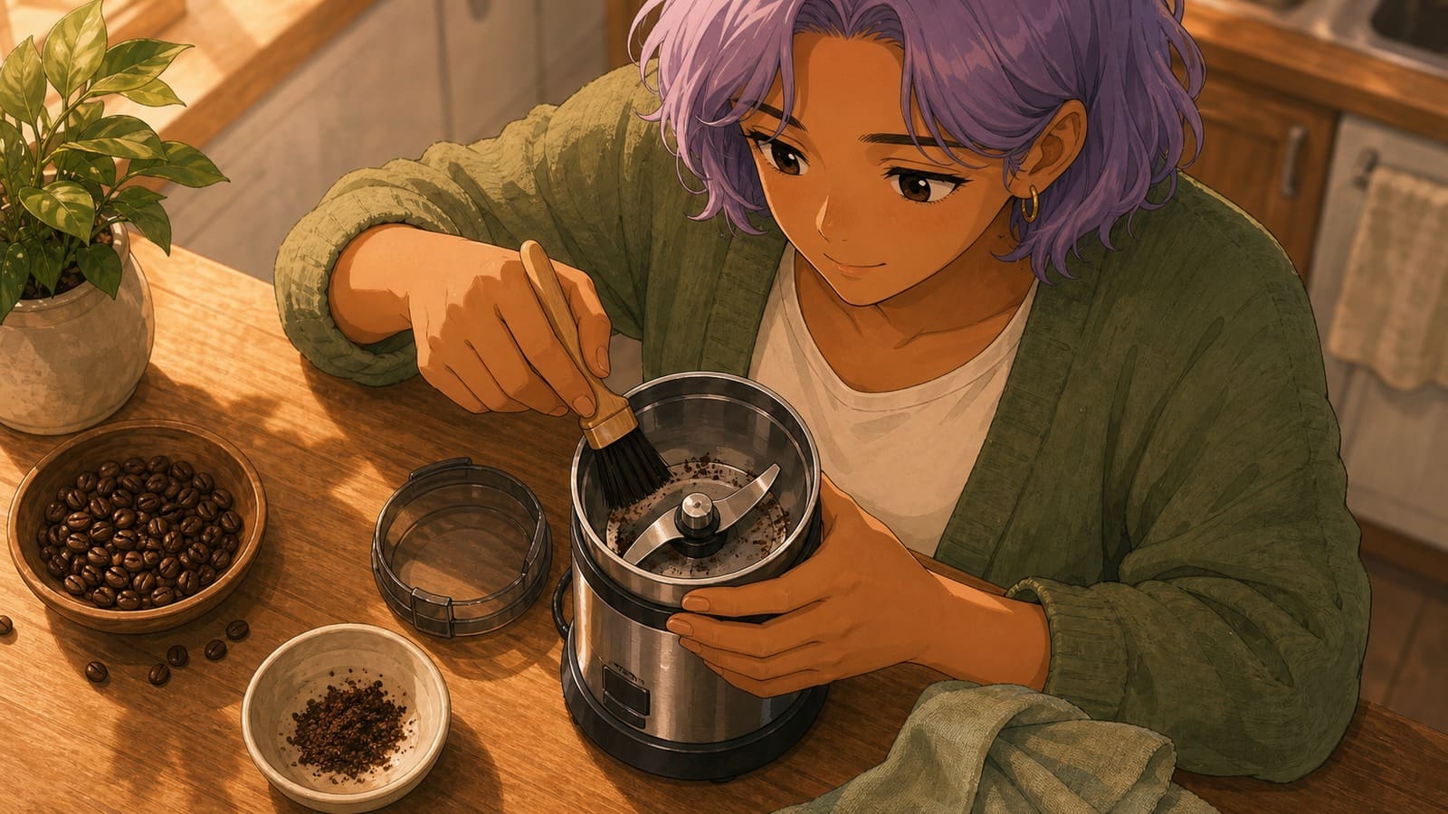 Anime-style illustration of an open blade coffee grinder being wiped clean
