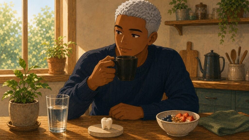 Cozy anime illustration of coffee with gentle dental care cues