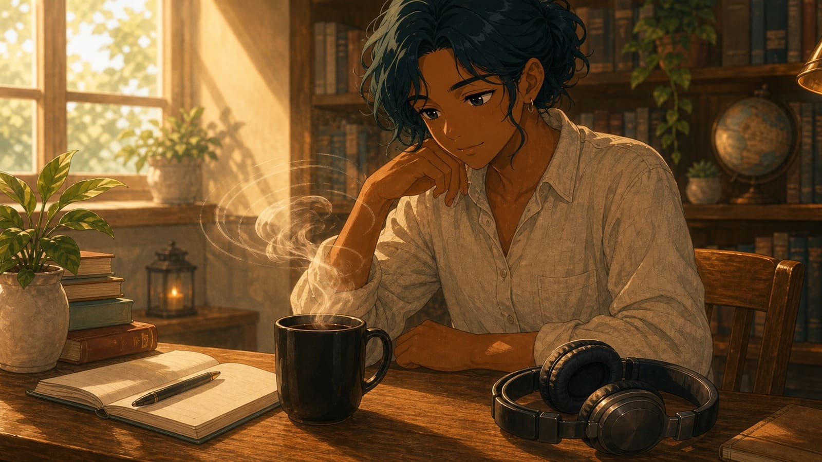 Cozy anime illustration of coffee, headphones, and a calm focus routine