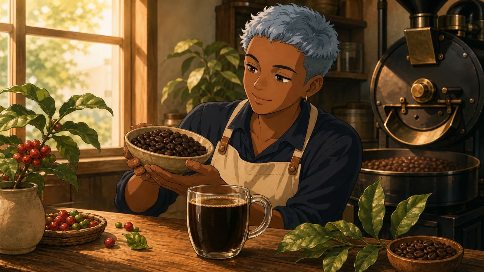 Illustration of coffee beans and black coffee in a calm wellness kitchen scene
