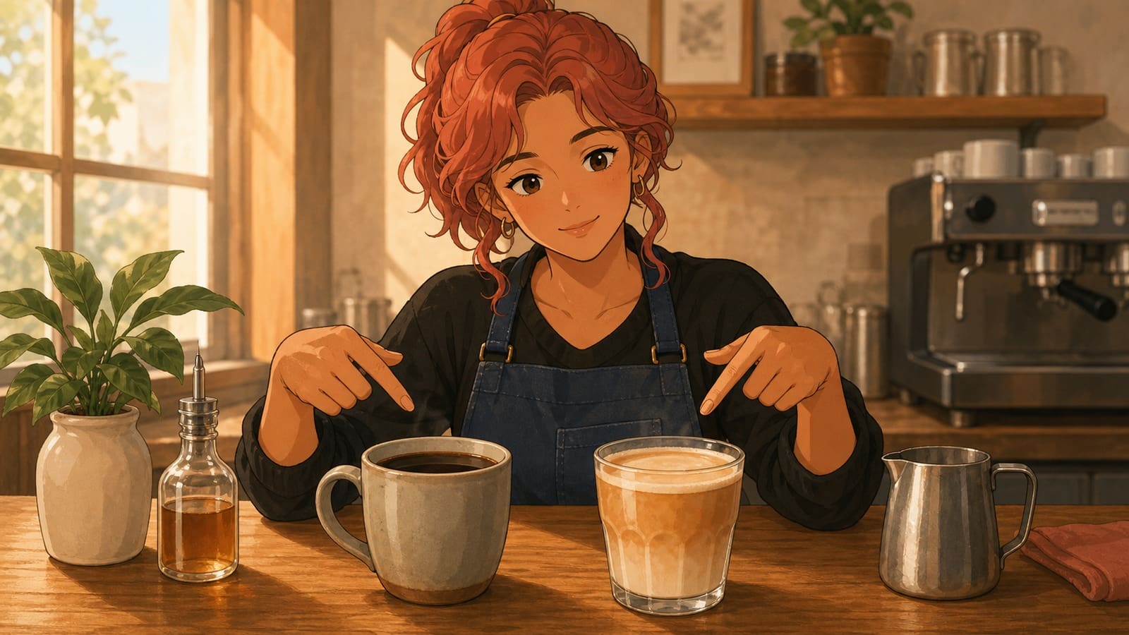Illustration comparing black coffee with a sweet creamy latte on a cafe counter