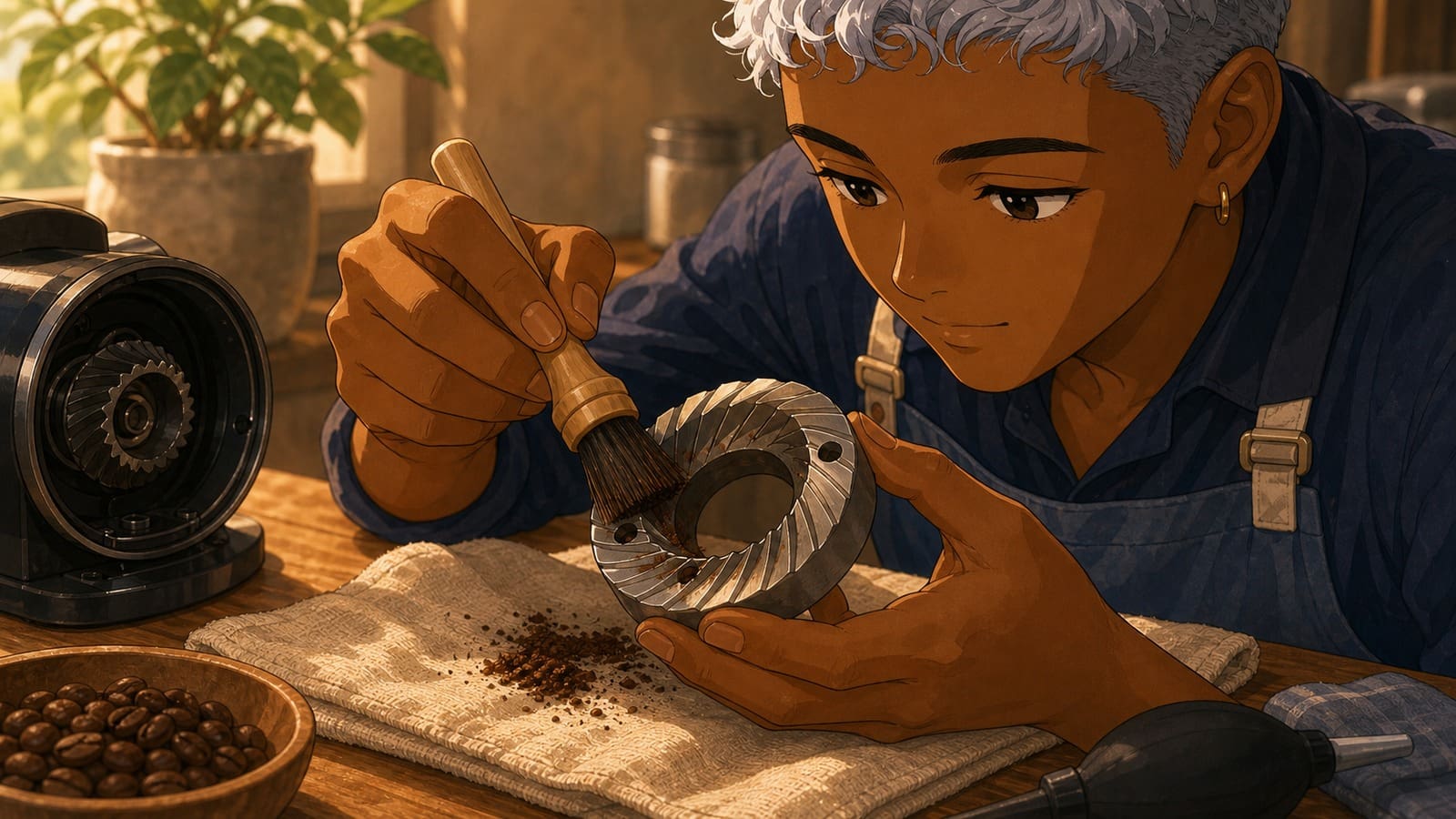 Anime-style illustration of a conical burr being cleaned with a dry brush