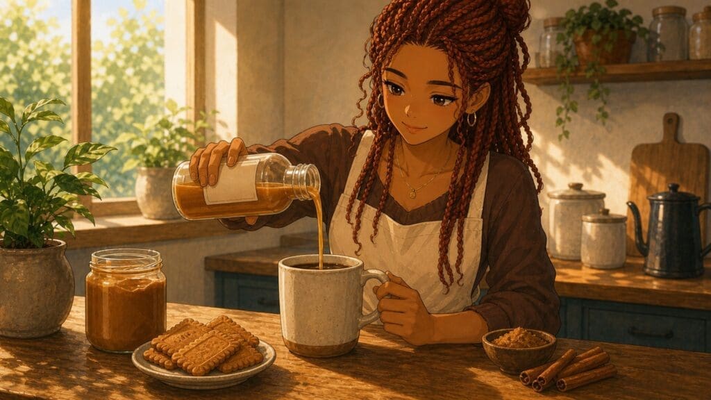 Cozy anime illustration of cookie butter coffee syrup being poured into coffee