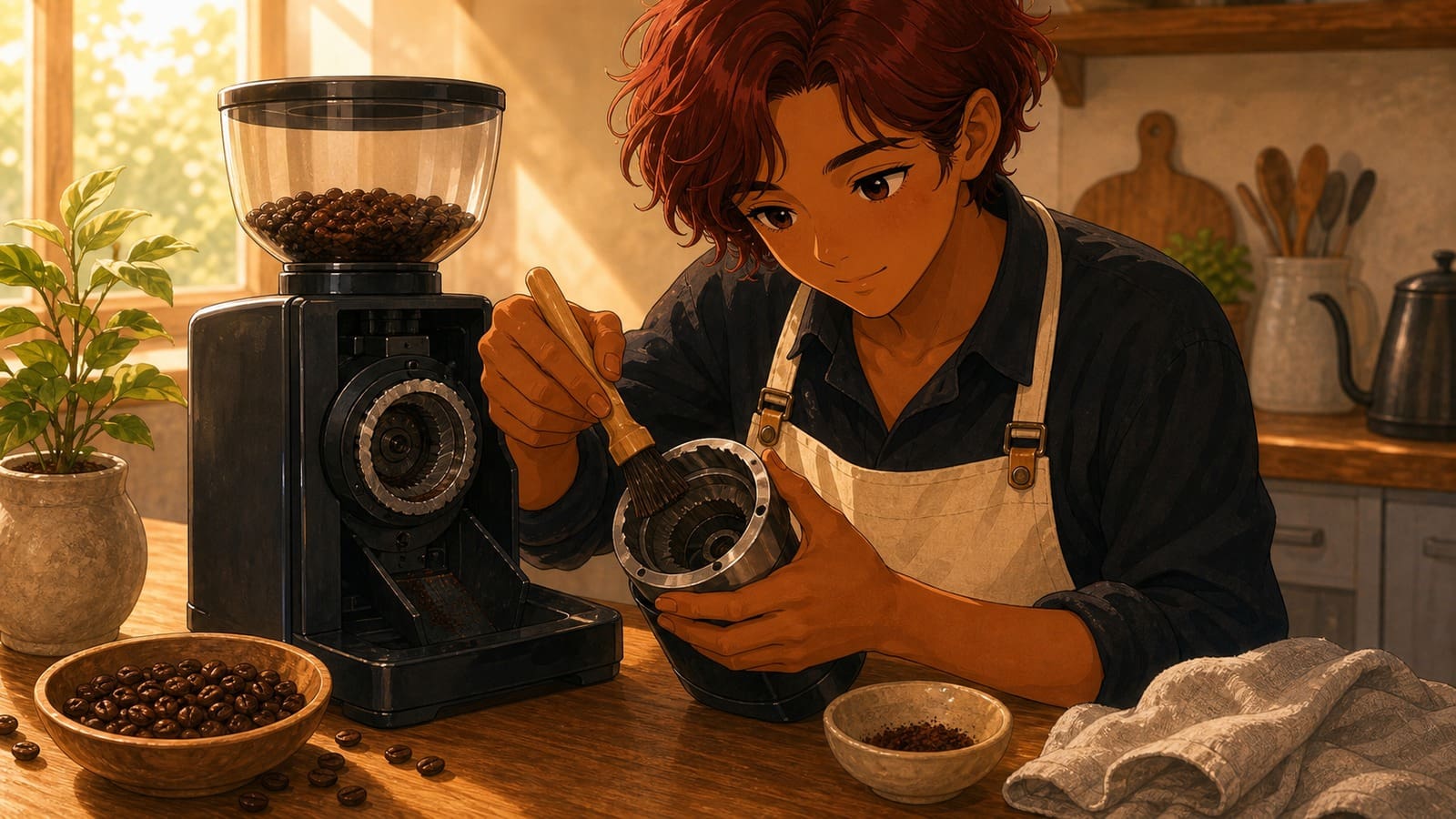 Cozy anime illustration of a coffee grinder being cleaned with a brush