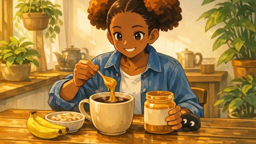 Cozy anime illustration of peanut butter being stirred into breakfast coffee