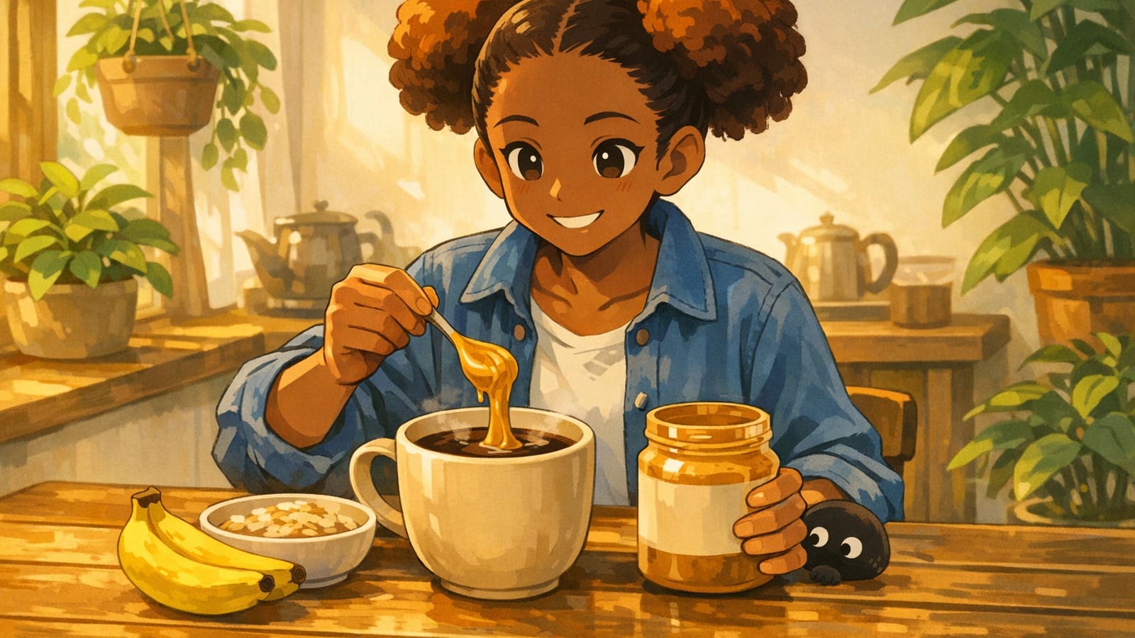 Cozy anime illustration of peanut butter being stirred into breakfast coffee