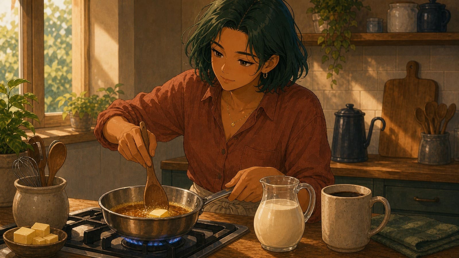 Cozy anime illustration of brown butter coffee creamer beside a mug