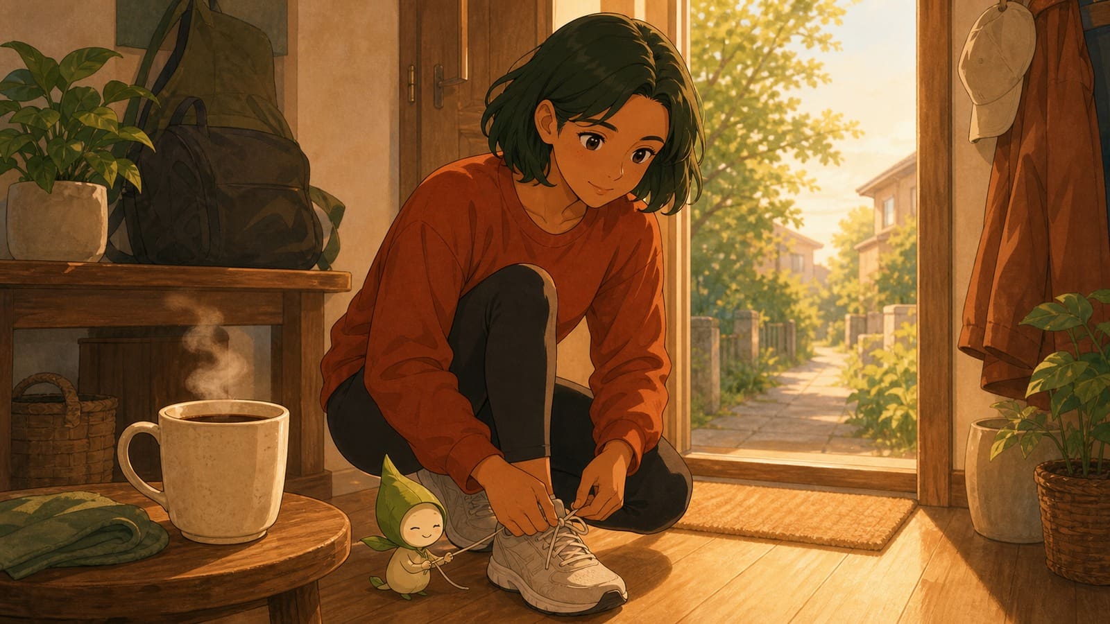 Illustration of a coffee mug beside walking shoes before a morning walk