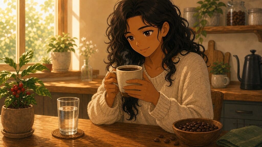 Cozy anime illustration of a calm coffee routine for joint comfort