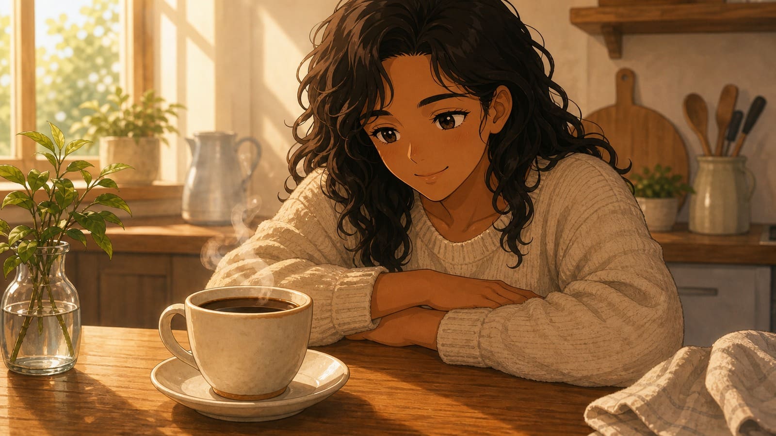 Anime-style illustration of a simple black coffee cup beginning a calm daily routine
