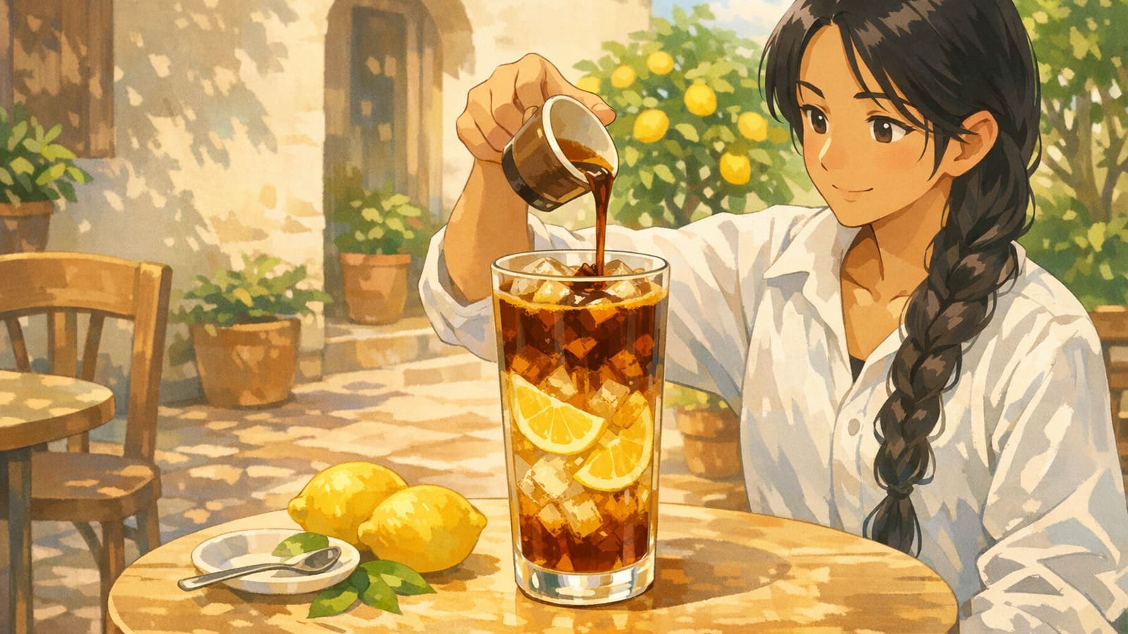Cozy anime illustration of lemon espresso Mazagran iced coffee