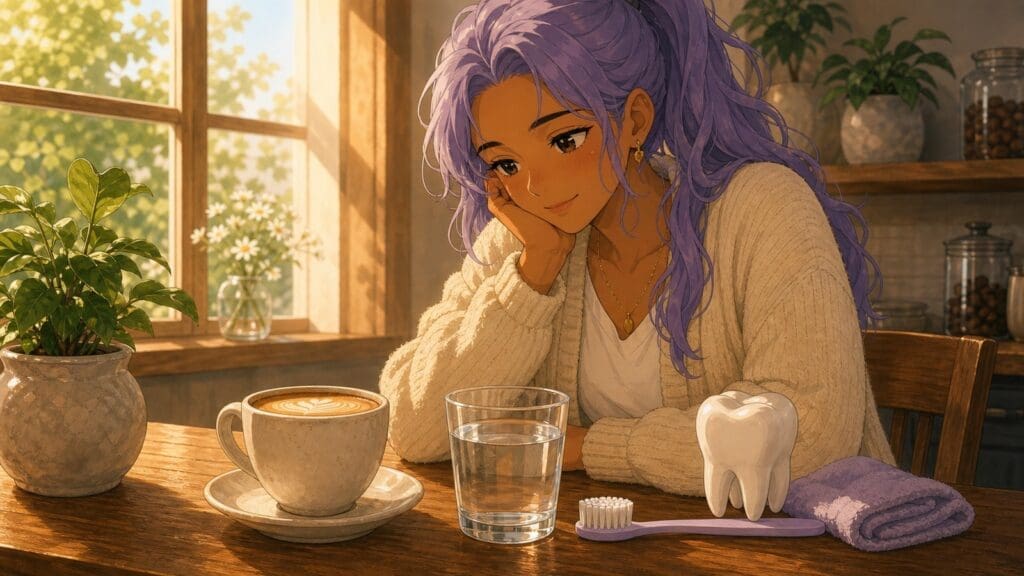 Cozy anime illustration of coffee, water, and dental care