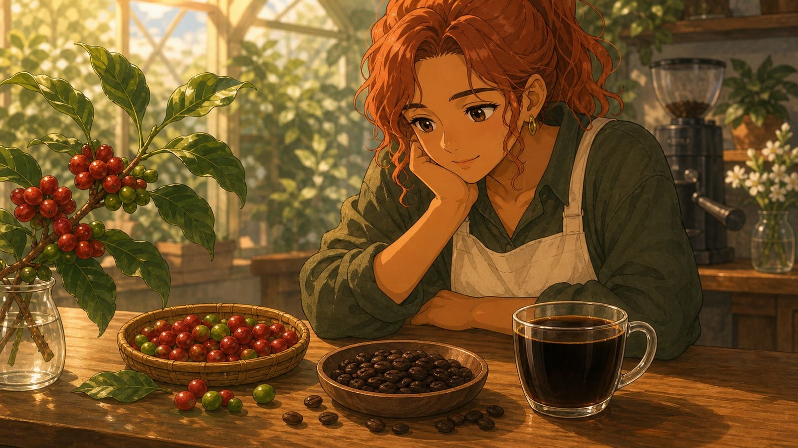 Anime-style illustration of coffee cherries, leaves, roasted beans, and brewed coffee