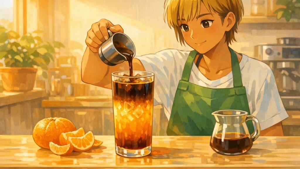 Cozy anime illustration of a layered espresso and orange juice bumblebee drink