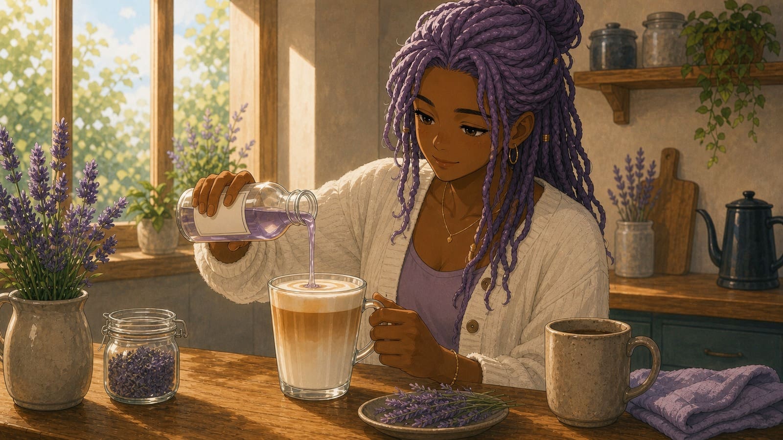 Cozy anime illustration of lavender coffee syrup with a latte
