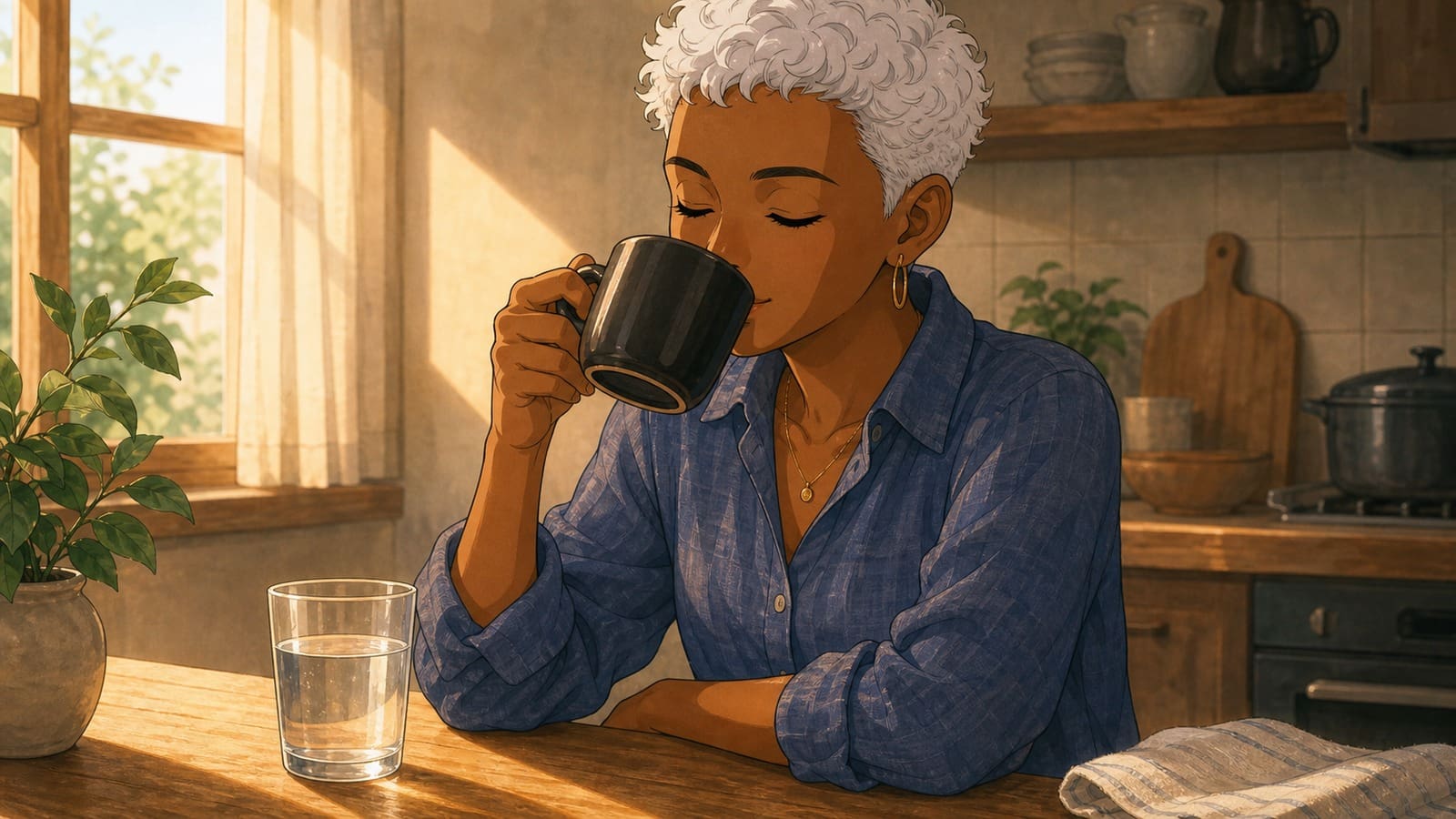 Illustration of black coffee and water showing a simple one-sitting coffee routine