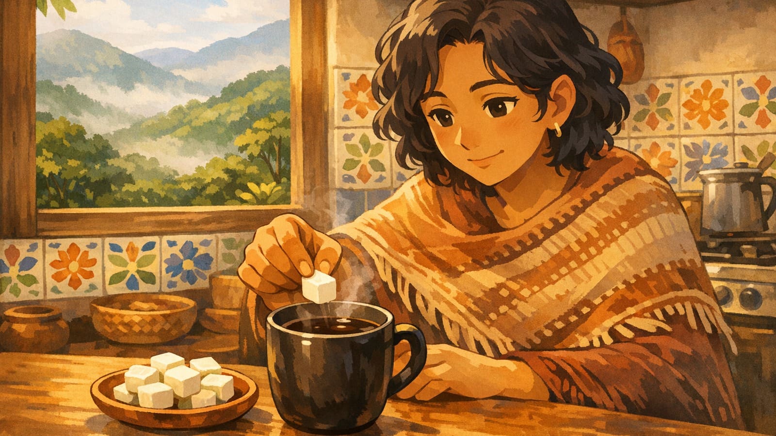 Cozy anime illustration of Colombian cafe con queso with cheese in coffee
