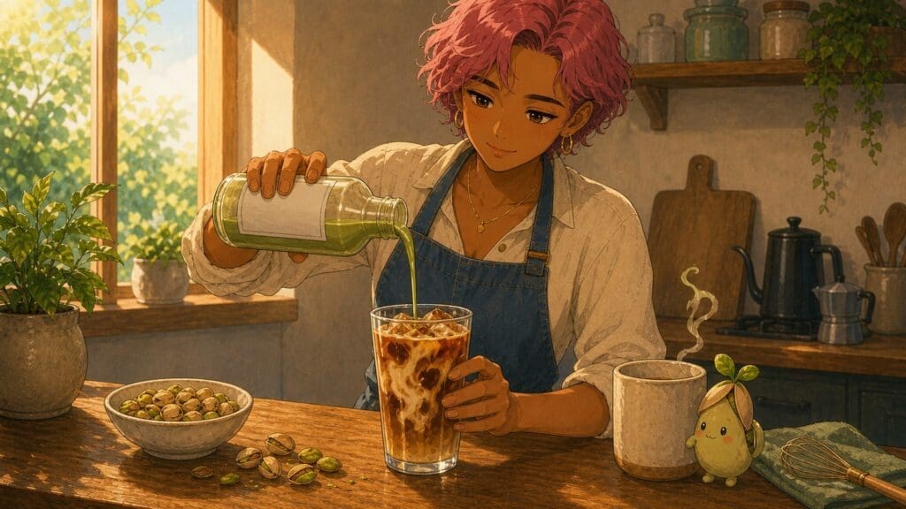 Cozy anime illustration of pistachio syrup for coffee