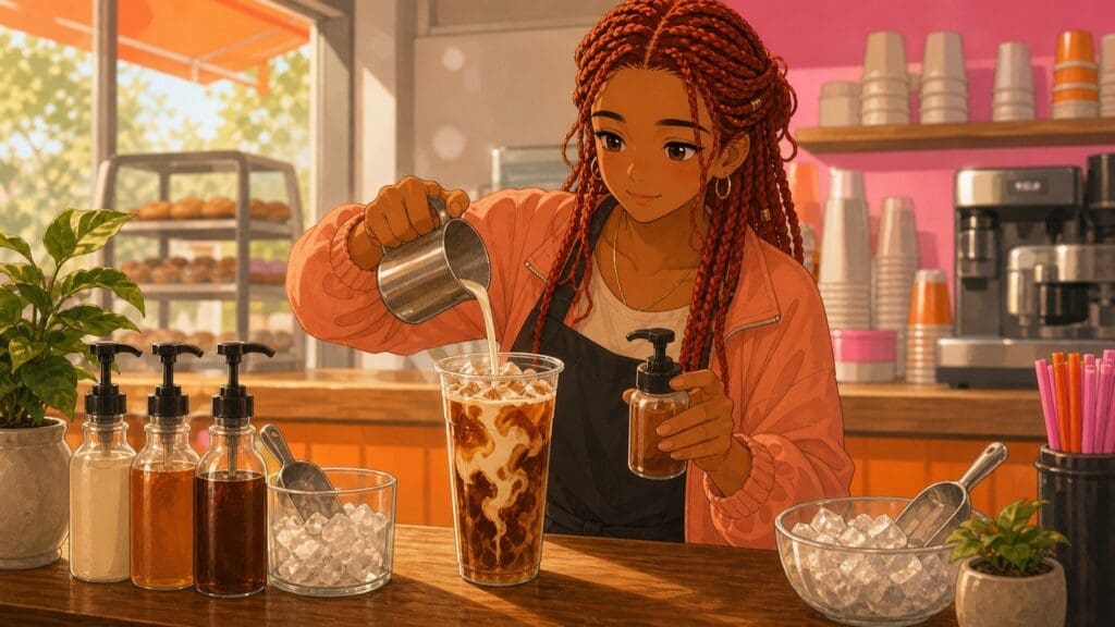 Cozy anime illustration of a customized iced coffee with flavor add-ins