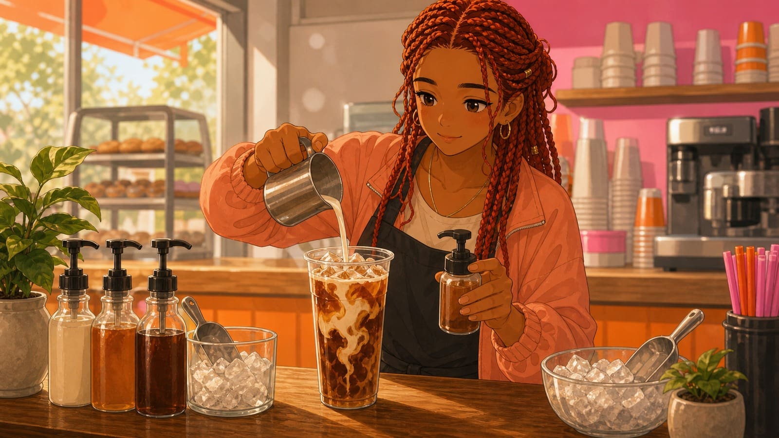 Cozy anime illustration of a customized iced coffee with flavor add-ins