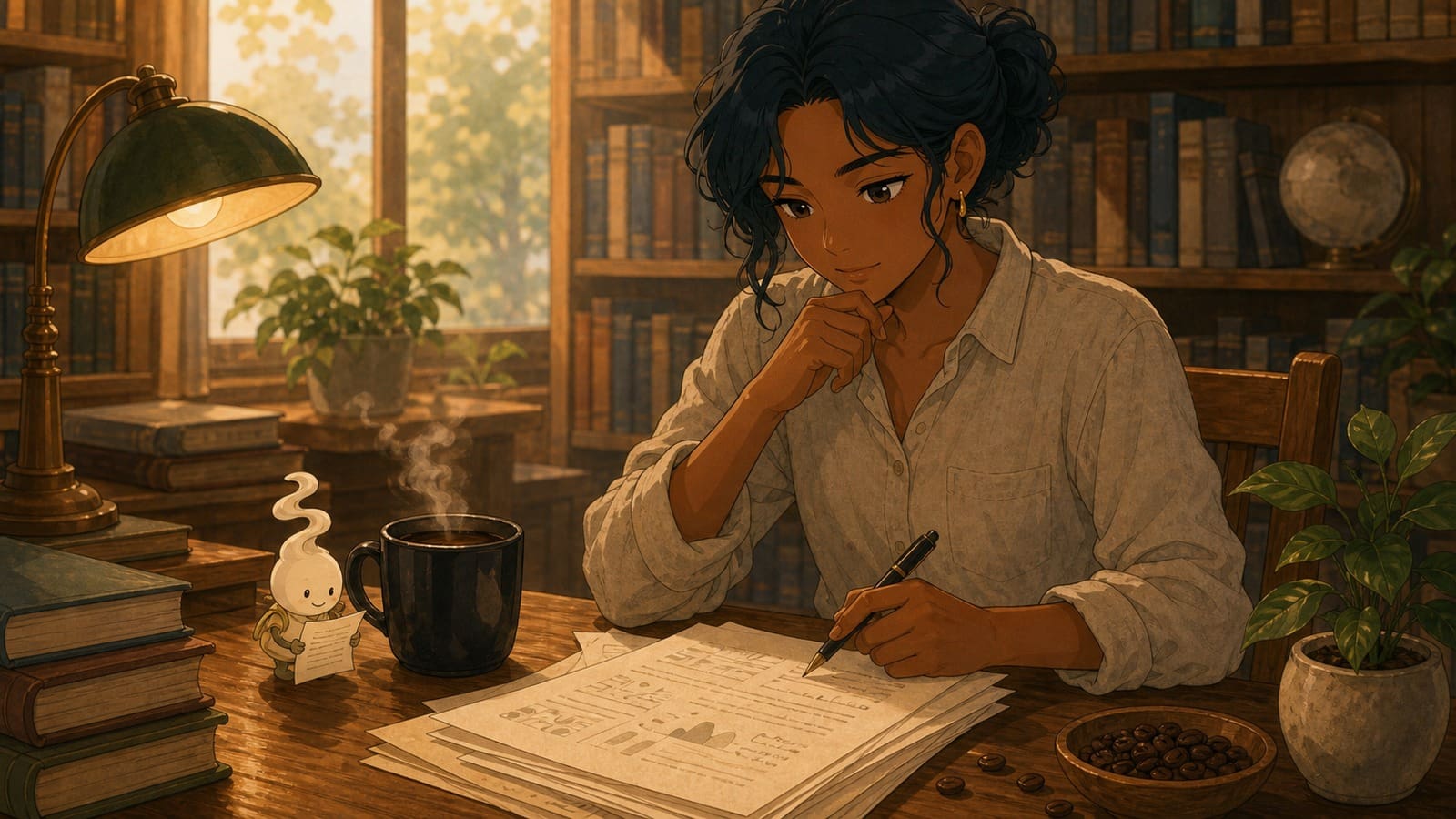 Anime-style illustration of a calm coffee research desk with a mug and blank papers