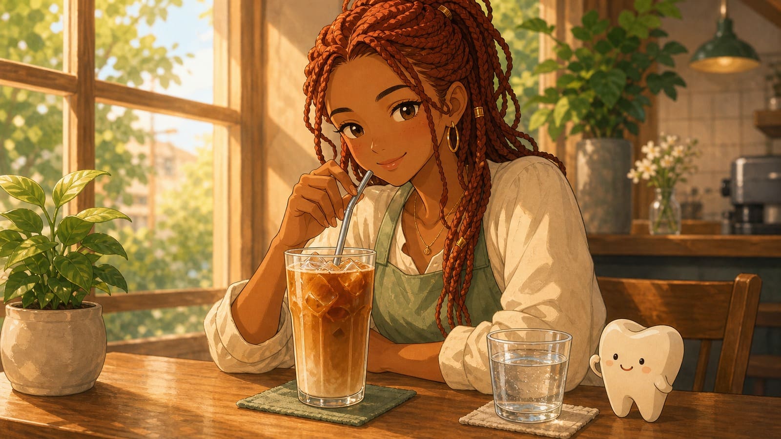 Illustration of iced coffee with a reusable straw beside a water glass