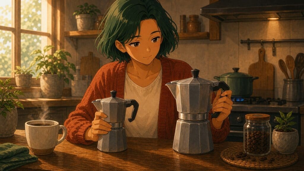 Cozy anime illustration of choosing a moka pot on a kitchen stove