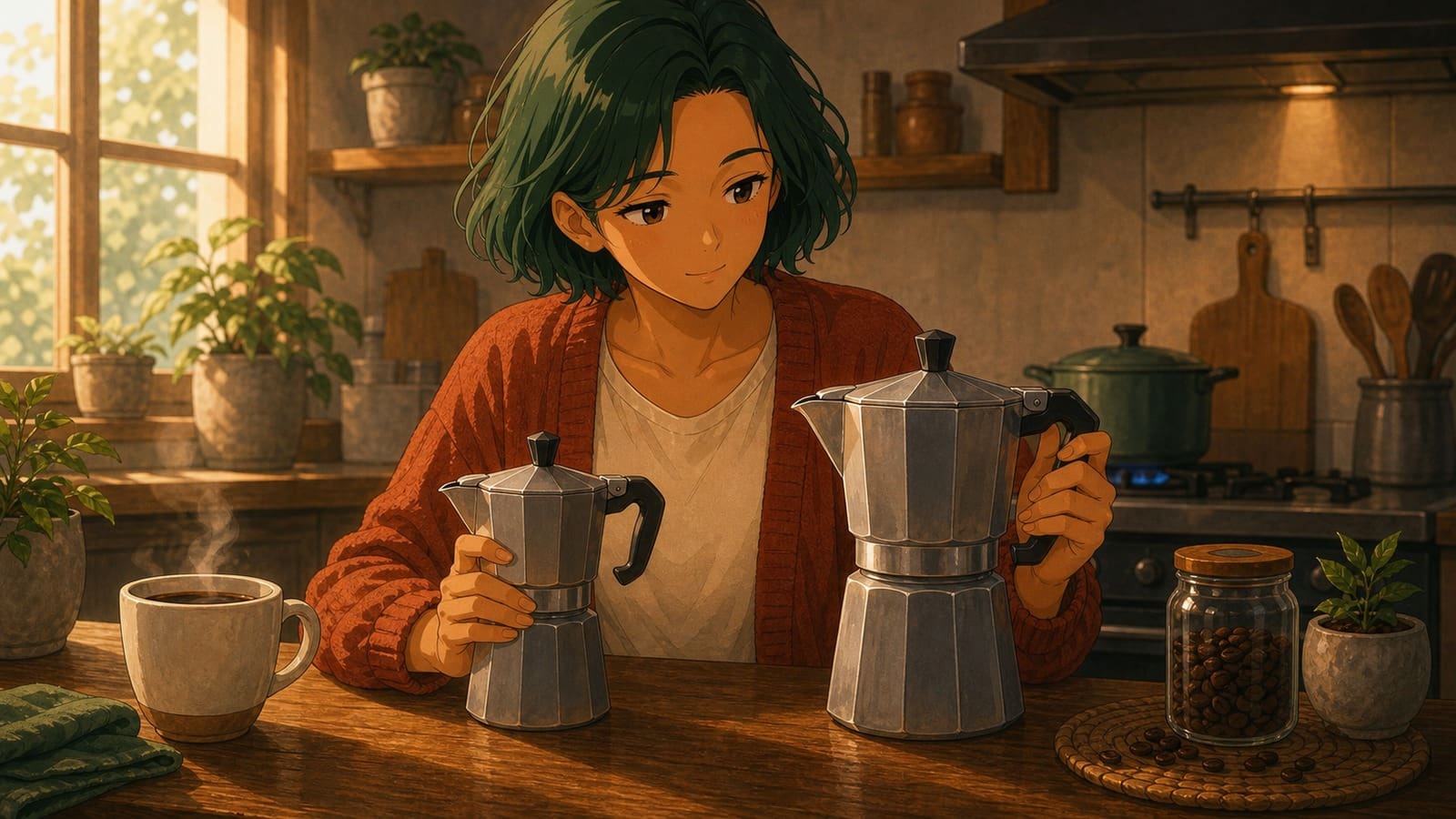 Cozy anime illustration of choosing a moka pot on a kitchen stove