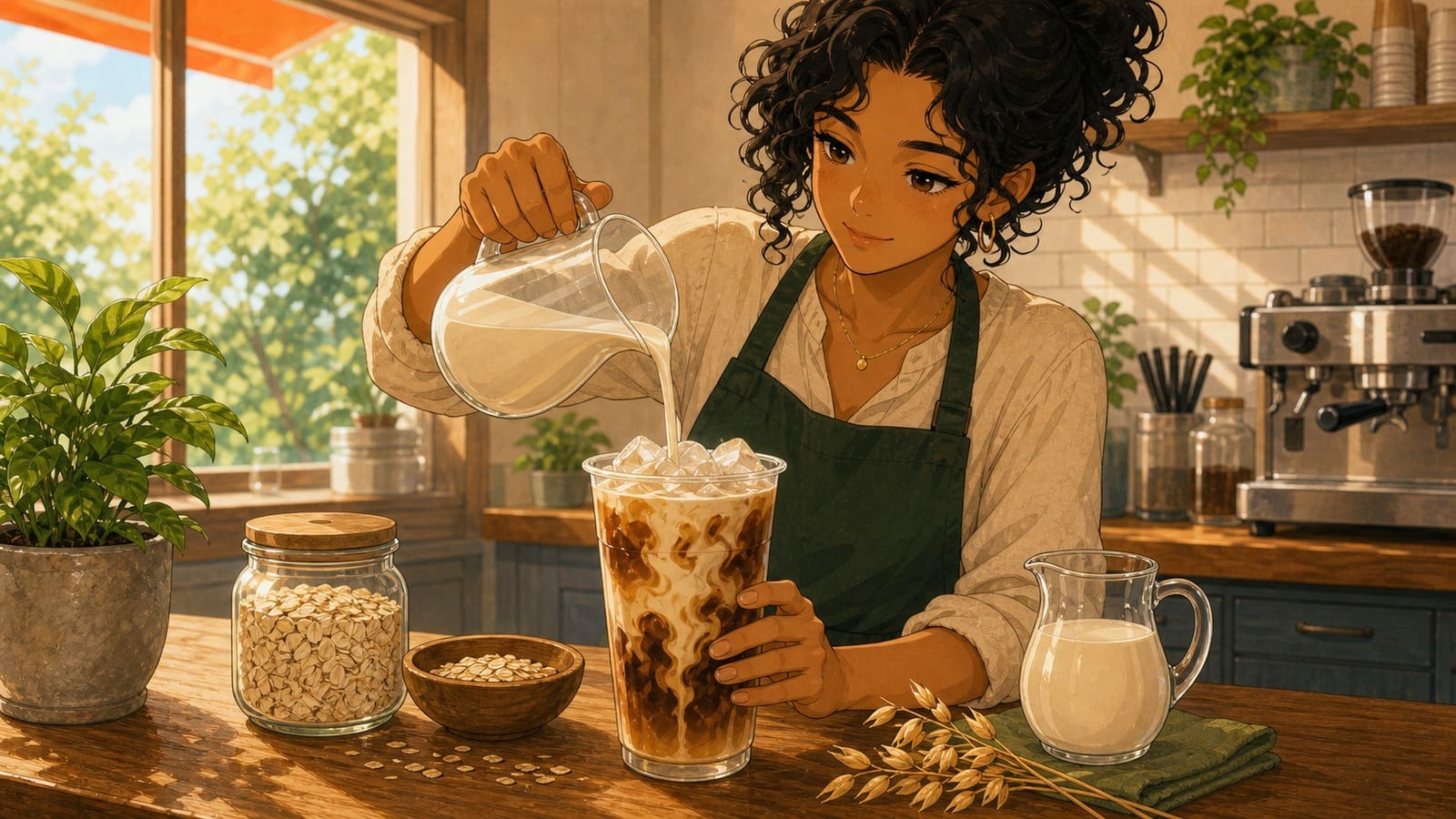 Cozy anime illustration of oat milk sweet cream poured over iced coffee